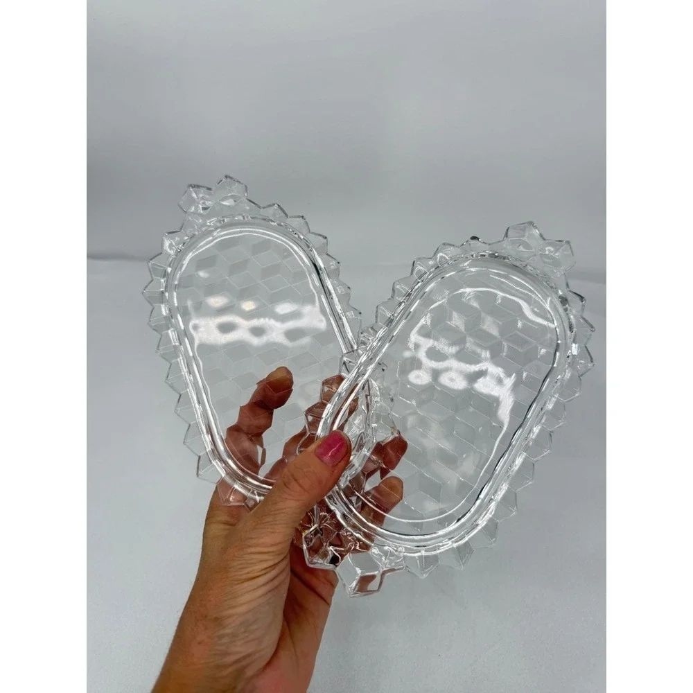 Fostoria American Glass Oval Trays Cube Pattern Clear Vintage Set of 2 Small